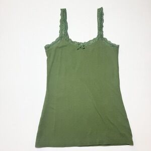 Faded Glory Cami Y2k Lace Trim Bow Long Preppy Green Waffle Knit Tank Size S